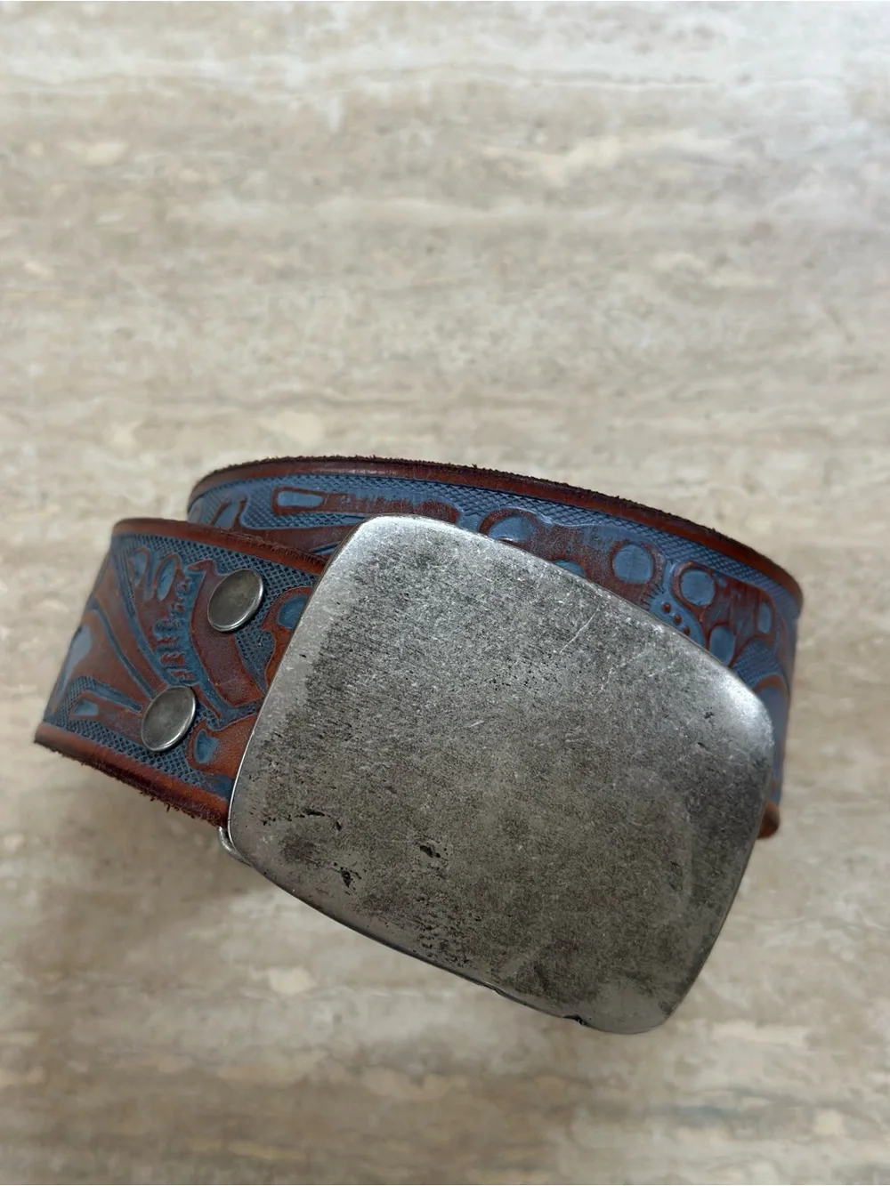 Hand-Tooled Blue Brown Leather Belt with Distressed Silver Buckle Western 34-38